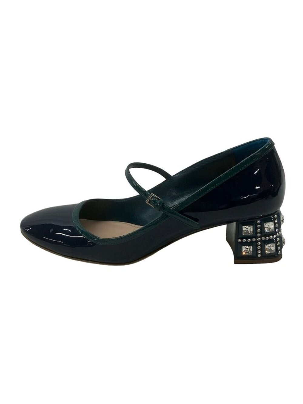 Miu Miu Pumps 35.5 Dark Navy Blue Green Rhinestone Leather Heel